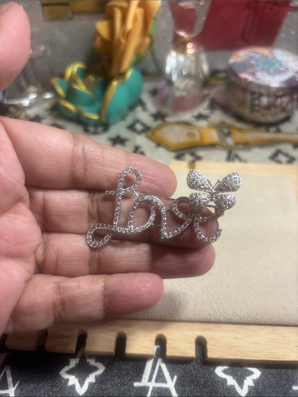 Crystal 'Love' Script Brooch Pin with Butterfly Accent - Silver